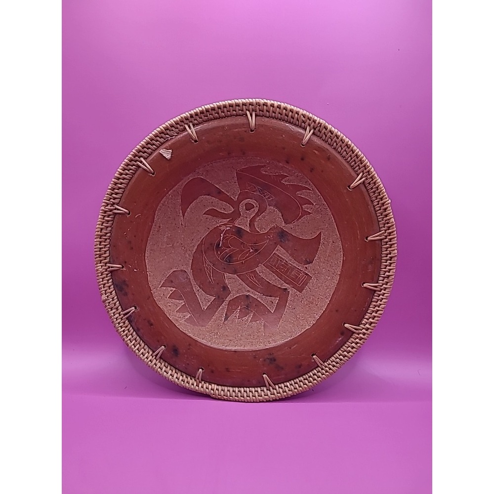 Vintage Chinese Clay Rooster Bowl With Woven Basket Weave Trim